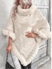 Solid Color Knitted Poncho W/ Fur Collar & Trim